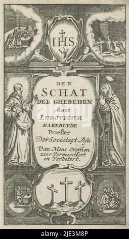 Christ, Marie et les personnages priants, Den SCHAT der ghebeden (titre sur objet), page de titre pour: Ludovicus Makeblyde, Den SCHAT der gheben, 1738, Christ avec pomme Empire et Marie avec mains pliées se tiennent de part et d'autre d'une cartouche avec le titre du livre. En bas, au centre, trois croix sur le mont Calvaire. En haut, au centre, les lettres IHS. Dans les quatre coins des représentations de personnages de prière., imprimeur: Daniel Bongaert, (éventuellement), éditeur: erven weduwe Cornelis Stichter, Amsterdam, 1738, papier, gravure, gravure, hauteur 120 mm × largeur 68 mm Banque D'Images