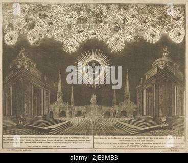 Feux d'artifice à Moscou à la célébration de la fin de la guerre russo-turque, 1775 (acte IV), représentation du feu d'Artifice, tirée en présence de sa majesté Imperiale à l'ocation des fêtes de la paix conclue entre la Russie et la porte ottomane (titre de la série sur objet), Feux d'artifice à Moscou lors de la célébration du 23 juillet 1775 de la fin de la guerre russo-turque avec la conclusion du Traité de Küçük Kaynarca. Feux d'artifice en présence de la Czarina Catherine la Grande. Partie d'une série de trois plaques avec légendes en russe et en français., l'imprimeur: Emell'ian Alekseevič Fedoseev, ( Banque D'Images