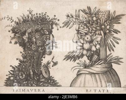 Personnifications des quatre saisons, printemps et été dépeint par des têtes grotesques, Primavera / domaine (titre sur objet), la personnification du printemps (Primavera) est composée de fleurs et de plantes; l'été (domaine) des fruits, des gerbes de maïs, des oreilles de maïs, des racines et un artichaut. Voir aussi le pendentif avec automne et hiver., imprimerie: Anonyme, après peinture par: Giuseppe Arcimboldo, Italie, c. 1565 - c. 1580, papier, gravure, hauteur 175 mm × largeur 235 mm Banque D'Images