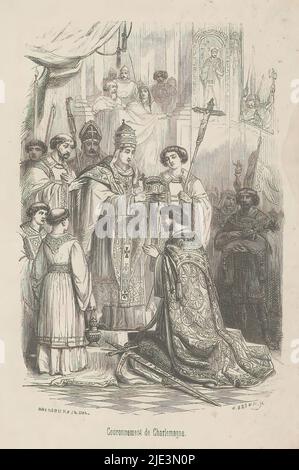 Couronnement de Charlemagne, en l'an 800, couronnement de Charlemagne (titre sur objet), Charlemagne couronné empereur du Saint Empire romain par le Pape Léon III à Aix-la-Chapelle sur 25 décembre, 800., imprimerie : William Brown, (mentionné sur objet), après dessin par : Henri Hendrickx, (mentionné à l'objet), Belgique, 1830 - 1877, papier, hauteur 161 mm × largeur 106 mm Banque D'Images