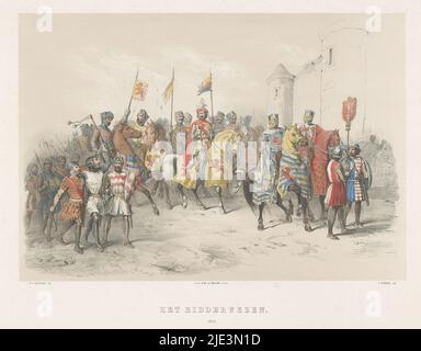 Mascarade d'Utrecht de 1851: Chivalry, 1217, Het Ridderwezen, 1217 (titre sur objet), de Vaderlandsche Geschiedenis. Van de vroegste tijden tot op het einde der 17e eeuw, en acht taferelen, en costuum voorgesteld porte H.H. Dtudenten der Utrechtsche Hoogeschool, den 25 juin 1851 (titre de la série), épisode de l'âge de la chevalerie aux pays-Bas, 1217. Retour de Guillaume I, comte de Hollande, de la croisade et de la capture de Damiate. Partie de la série de huit reproductions de la mascarade des étudiants du Collège d'Utrecht représentant des épisodes d'histoire patriotique, 25 juin 1851., imprimeur Banque D'Images