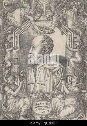 Portrait de Jean Parisot de la Valette, Grand Maître de l'ordre de Malte, Portrait de Giovanni da Valletta (Jean de la Valette) entouré d'une bordure ornementale, quatre anges et deux putti., Imprimeur: Marco dell'Angolo del Moro, (mentionné sur l'objet), après impression par: Martino Rota, (éventuellement), éditeur: Ferando Bertelli, (mentionné sur l'objet), imprimeur: Italie, Editeur: Venise, 1565, papier, gravure, hauteur 140 mm × largeur 196 mm Banque D'Images