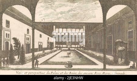 Vue sur les bains de l'Alhambra, à Grenade, Veüe et perspective du palais et des bains, des anciens roys mores de Grenade (titre sur objet), imprimerie: Anonyme, éditeur: Jacques Van Merle, (mentionné sur objet), Anvers, 1626 - 1686, papier, gravure, hauteur 118 mm × largeur 202 mm Banque D'Images