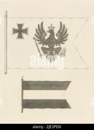 Deux drapeaux, deux drapeaux. Au-dessus du drapeau avec l'aigle du royaume de Prusse et une croix marquée FW 1813. Au-dessous d'un drapeau avec trois bandes horizontales de différentes couleurs., imprimeuse: Anonyme, 1813 - 1850, papier, gravure, hauteur 317 mm × largeur 200 mm Banque D'Images