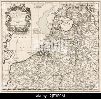 Carte des dix-sept provinces, carte des provinces Unies des pays Bas (...) (Titre sur l'objet), cartouche de gauche entourée de Neptune, Mercure, deux tritons et deux putti. La carte est fournie avec un réseau de coordonnées et une division de degré le long des bords., imprimerie: Anonyme, éditeur: François l'Honoré, (mentionné sur l'objet), éditeur: Zacharias Chatelain (II), (mentionné sur l'objet), Amsterdam, 1722, papier, gravure, gravure, hauteur 412 mm × largeur 453 mm Banque D'Images