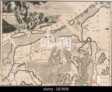 Carte historique des pays-Bas avec les zones des Batavians et des Frisons, Pars II et III Frison liberae a fluvo in Lavicam (...) (Titre sur objet), carte des zones frisonnes du nord des pays-Bas à l'époque romaine. Haut gauche cartouche avec titre, à côté d'elle une femme portant la corne de l'abondance (éventuellement Concordia), Justitia et une figure masculine à genoux. Echelle au-dessous de la cartouche: Triens gradus. Degrés le long des bords gauche et droit., imprimerie: Gerrit de Broen (I), (mentionné sur l'objet), imprimerie: Joseph Mulder, (mentionné sur l'objet), après conception propre par: Joseph Mulder, (mentionné sur Banque D'Images