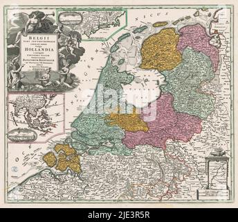 Carte de la République des sept pays-Bas, Belgii pars septentrionalis communi nomine vulgo Hollandia (...) (Titre sur objet), en haut à gauche cartouche avec titre, autour de laquelle sont représentés plusieurs figures, y compris: Neptune, Fama, trois putti portant les armoiries de la République et deux mermaids. À droite du titre cartouche une carte détaillée du Nouveau-pays-Bas et un paysage urbain ovale de la Nouvelle-Amsterdam, accompagnant le bâton de balance: Milliaria Germanica communia. Au-dessous du titre cartouche une carte des Indes orientales et un paysage urbain ovale de Batavia. En bas à droite une carte en incrustation d'une partie de Banque D'Images