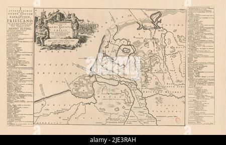 Carte historique des pays-Bas avec les territoires des Batavians et des Frisons, Descriptio veteris agro Batavi et Frisii (...) / Afteekeninge van den oudeden boodem van Bataviaijen van Friesland (...) (Titre sur objet), en haut à gauche cartouche avec titre, autour de lui armes et guerriers germaniques représentés (éventuellement Batavians et Frisons), en arrière-plan une scène de bataille. Échelle au-dessous de la cartouche: Dodrans gradus seu M.P. XLV. A gauche et à droite des bandes imprimées de texte typographique avec traduction néerlandaise du titre (en haut à gauche) et des termes utilisés sur la carte., imprimeur: Jan Luyken, Menso Alting, (mentionné Banque D'Images