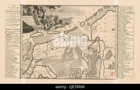 Carte historique des pays-Bas avec les zones des Batavians et des Frisons, Pars II et III Frison liberae a fluvo in Lavicam (...) / La partie II et III de la Frise libre de 't flie aux Lauwers (...) (Titre sur objet), carte des zones frisonnes du nord des pays-Bas à l'époque romaine. Haut gauche cartouche avec titre, à côté d'elle une femme portant la corne de l'abondance (éventuellement Concordia), Justitia et une figure masculine à genoux. Echelle au-dessous de la cartouche: Triens gradus. Degrés de division le long des arêtes gauche et droite. Bandes de texte typographique à gauche et à droite de l'impression en néerlandais Banque D'Images