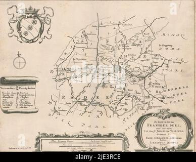 Carte du comté de Franekeradeel, partie du comté de Franeker (titre sur l'objet), en haut à gauche les armoiries de Franekeradeel, en dessous de la légende. Au bas deux barres d'échelle: Milliare Germanucum commune / Een gemeene Duytsche myle, Hora itintiis / Een uyre gaens - 1400 konings roeden voor een uyre gaens. En bas à droite cartouche avec titre et informations administratives sur le comté., imprimerie: Jacob van Meurs, (éventuellement), Bernardus Schotanus à Stertinga, (mentionné sur l'objet), Sjoerd Aetesz. Haacma, (mentionné sur l'objet), imprimerie: Amsterdam, Frise, Frise, Friesland, 1664, papier, gravure Banque D'Images