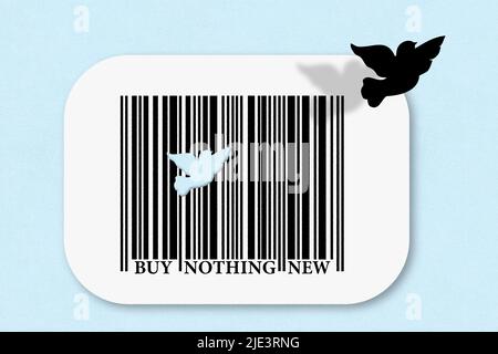 N'achetez rien de nouveau code-barres avec la liberté colombe, n'achetez rien pour aider à conserver le concept des ressources de planètes Banque D'Images