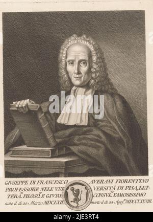 En dessous du portrait un texte en italien et un blason dans un cadre circulaire, Portrait de l'avocat Giuseppe Averani, imprimeur: Gaetano Vasellini, (mentionné sur l'objet), après: Inconnu, (mentionné sur l'objet), Italie, 1755 - 1805, papier, gravure, gravure, h 301 mm × l 205 mm Banque D'Images