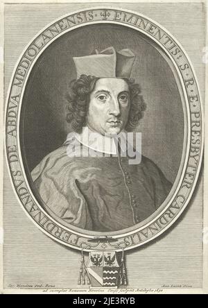 Portrait du cardinal Ferdinand d'Abdua dans un cadre ovale avec ses armoiries, Portrait du cardinal Ferdinando d'Adda Ferdinandvs de Abdva mediolanensis eminentis SRE presbyter cardinalis, imprimerie: Jacques Blondau, (mentionné sur l'objet), après: Antonio Lesma, (mentionné sur l'objet), Rome, 1665 - 1698, papier, gravure, h 209 mm × l 147 mm Banque D'Images