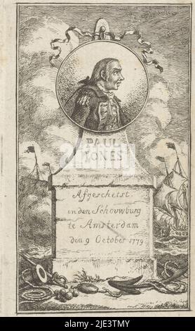 Portrait du médaillon de Paul Jones, portrait buste en profil à droite en dessous du texte: Afgeschetst in den Schouwburg te Amsterdam den 9 octobre 1779 en arrière-plan sont des fragments de voiliers, Portrait de Paul Jones, imprimeur: Simon Fokke, in ou after 1779 et/ou 1779 - 1784, papier, gravure, h 99 mm × l 55 mm Banque D'Images