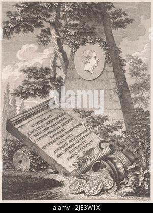 Aiguille Memorial avec médaillon et une plaque de pierre avec le nom de Wenzel Anton von Kaunitz-Rietberg avec un fasces et un pot de pièces, aiguille Memorial de Wenzel Anton von Kaunitz-Rietberg, imprimerie: Johann Ernst Mansfeld, (mentionné sur l'objet), 1749 - 1796, papier, gravure, gravure, h 207 mm - l 163 mm Banque D'Images