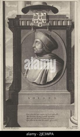 Portrait du cardinal Wolsey, Pieter van Gunst, d'après Adriaen van der Werff, c. 1669 - 1731, Cardinal Wolsey, Lord Chancelier d'Angleterre au début du règne de Henri VIII Au-dessus du portrait, son blason. L'imprimé a comme légende un poème français sur sa chute politique., imprimeur: Pieter van Gunst, (mentionné sur l'objet), après: Adriaen van der Werff, (mentionné sur l'objet), Amsterdam, c. 1669 - 1731, papier, gravure, gravure, h 318 mm × l 187 mm Banque D'Images