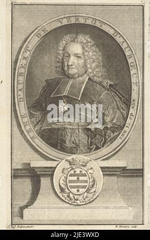 Portrait de René Aubert de Vertot 71 ans, Balthasar Bernards, après Jacques de Lyen, 1726 - 1737 ans, buste de René Aubert de Vertot 71 ans, ovale. Sous le portrait, son blason., imprimeuse: Balthasar Bernards, (mentionné sur l'objet), après: Jacques de Lyen, (mentionné sur l'objet), Amsterdam, dans ou après 1726 - 1737, papier, gravure, gravure, h 140 mm × l 84 mm Banque D'Images