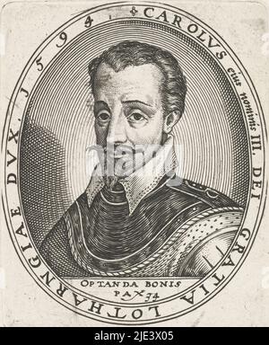 Portrait de Charles III, duc de Lorraine, Lambert Cornelisz., 1594, Portrait de Charles III, duc de Lorraine, en ovale avec inscription sur les bords. Sous le portrait sa devise: Op tanda bonis pax., imprimerie: Lambert Cornelisz., Amsterdam, 1594, papier, gravure, h 95 mm × l 75 mm Banque D'Images