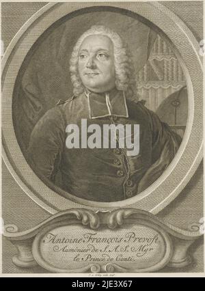 Portrait d'Antoine François Prevost, Jacob van der Schley, d'après Georg Friedrich Schmidt, 1746, Portrait de l'auteur français Antoine François Prevost, également connu sous le nom d'Abbé Prévost. Il est vêtu de tota avec bef. En arrière-plan une bibliothèque. Dans la cartouche son nom et ses titres., imprimerie: Jacob van der Schley, (mentionné sur l'objet), Georg Friedrich Schmidt, Amsterdam, 1746, papier, gravure, gravure, h 230 mm × l 173 mm Banque D'Images