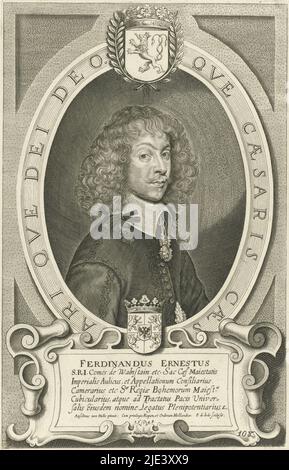 Portrait de Ferdinand Ernst, comte de Wallenstein, Pieter de Jode (II), après Anselm van Hulle, 1648, portrait de buste de Ferdinand Ernst, comte de Wallenstein. En bas à droite : 108. Le portrait est encadré dans une cartouche ovale avec les armoiries de la personne représentées et une inscription en bordure en latin. Dans la cartouche une légende de six lignes en latin. Imprimé d'une série de portraits d'après des peintures d'Anselmus van Hulle de tous les délégués aux négociations de paix à Münster et Osnabrück., imprimeur: Pieter de Jode (II), (mentionné sur objet), après: Anselm van Hulle, (mentionné sur objet Banque D'Images