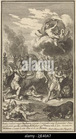 Aeneas veut sauver le corps de Pandarus, Bernard Picart (atelier de), après Bernard Picart, 1710, Aeneas tente de sauver le corps de Pandarus, mais est gêné par Diomedes qui veut lui jeter une pierre. Vénus arrive sur un nuage pour le sauver. Dans la marge une légende en français., imprimerie: Bernard Picart, (atelier de), dessinateur intermédiaire: Bernard Picart, (mentionné sur l'objet), Amsterdam, 1710, papier, gravure, gravure, h 184 mm × l 122 mm Banque D'Images