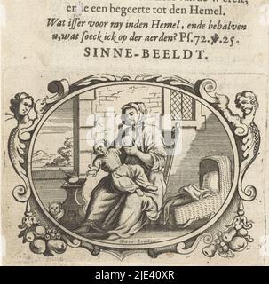 L'adversité nous fait longtemps pour le ciel, Gaspar Bouttats, 1679, page d'un livre (p. 72) avec du texte et une vignette d'imprimante sur le verso. Dans une cartouche ovale l'intérieur d'une chambre avec une mère dans une chaise essayant de sucer son enfant. L'enfant refuse toutefois de manger. Au-dessus de la cartouche, le titre (devise) de l'imprimé et une citation de la Bible (Psaume 72:25, maintenant Psaume 73:25). Ci-dessous une légende: 'Speent uwen appetijt, Daer ghy porte schade souffrent.' et une description expliquant l'impression. Les enfants doivent apprendre qu'ils ne peuvent pas être allaités en permanence. De même, les humains doivent apprendre cela Banque D'Images