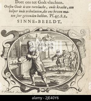 Dans l'adversité, Dieu est un helpmate, Gaspar Bouttats, 1679, page d'un livre (p. 63) avec texte sur le verso. Dans une cartouche ovale un homme avec un rapide se réfugiant près d'une église. En arrière-plan une foule armée autour d'un cadavre. Au-dessus de la cartouche, le titre (devise) de l'imprimé et une citation de la Bible (Psaume 45:1, maintenant Psaume 46:2). Sous l'imprimé se trouve une légende : « c'est ici vry : qu'est-ce qui craignait le ghy ? » et une description qui explique l'impression. Même si on a commis un péché mortel comme le meurtre, on peut toujours faire confiance à Dieu., Imprimeur: Gaspar Bouttats, (mentionné sur l'objet), F. Franciscus Lijftocht Banque D'Images