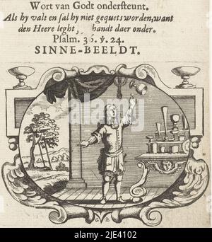 L'adversité est soutenue par Dieu, Gaspar Bouttats, 1679, page d'un livre (p. 163) avec texte sur le verso. Dans une cartouche ovale l'intérieur d'une chambre. Au premier plan, un jeune jette un verre dans l'air. À côté des jeunes sont plus de lunettes sur une table. Un pommier est représenté en arrière-plan. Au-dessus de la cartouche, le titre (devise) de l'imprimé et une citation de la Bible (Psaume 36:24, maintenant Psaume 37:24). Au-dessous de l'imprimé se trouve une légende : « Soo 't valt ten grondt, het breckt terstondt » (comme il tombe au sol, il casse) et une description expliquant l'impression. Le verre et le cristal cassent souvent parce que Banque D'Images