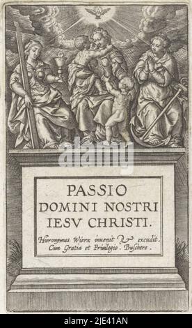 Vertus divines, Hieronymus Wierix, 1563 - avant 1619, Piémont avec le titre de la série en latin. Au-dessus se trouvent les trois vertus divines : la foi (avec croix), l'Amour (avec petits enfants) et l'espérance (avec ancre). Au-dessus d'eux le Saint-Esprit comme une colombe., imprimeur: Hieronymus Wierix, Hieronymus Wierix, (mentionné sur l'objet), éditeur: Hieronymus Wierix, (mentionné sur l'objet), Anvers, 1563 - avant 1619, papier, gravure, h 88 mm × l 53 mm Banque D'Images