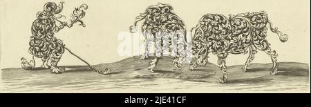 Deux chèvres combattantes, Anthonie de Winter (peut-être), 1698, à gauche des chèvres se trouve un berger fumant la pipe. Modèles pour orfèvres d'animaux et figures composées d'ornements de feuilles., imprimerie: Anthonie de Winter, (éventuellement), designer: Wolfgang Hieronimus von Bömmel, éditeur: Anthonie de Winter, (mentionné sur l'objet), imprimerie: Pays-Bas, designer: Allemagne, (éventuellement), Editeur: Amsterdam, 1698, papier, gravure, h 142 mm × l 213 mm Banque D'Images