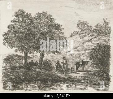 Paysage avec famille, David van der Kellen (1804-1879), 1814 - 1879, dans un paysage vallonné, une famille est sous les arbres près d'un étang. Alors qu'un homme dans un chapeau fume son tuyau, une femme berce son enfant dans ses bras. À côté d'eux se trouvent un matériel de pêche et un âne. Près de l'épaissie, un garçon joue avec un chien. En arrière-plan, on peut voir les contours d'une ferme et d'un moulin., imprimerie: David van der Kellen (1804-1879), 1814 - 1879, papier, gravure, point sec, h 105 mm - l 131 mm Banque D'Images