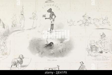 Caricature de l'élève de Leiden almanac, 1850 ans, Carel Christiaan Antony Last, après Carel Vosmaer, après jonkheer Jan Karel Jacob de Jonge, 1850 ans, caricature de l'élève almanach de l'Université de Leiden de l'année 1850. Dix représentations de l'exposition agricole organisée par la Hollandse Maatschappij van Landbouw à Leiden en 1850. Au centre, un homme noir de l'Ouest indien avec l'inscription 'W: Indiesche Ploeg, prix 1st'., imprimeur: Carel Christiaan Antony Last, (mentionné sur l'objet), Carel Vosmaer, (mentionné sur l'objet), jonkheer Jan Karel Jacob de Jonge, imprimeur: Pays-Bas Banque D'Images