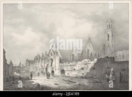 Ruines de l'entrée d'Anvers après le bombardement, 1830, Gustave Adolphe Simonau, 1830 - 1831, vue des ruines de l'entrée et de l'abbaye Saint-Michel sur Kloosterstraat à Anvers, après le bombardement du 27 octobre 1830., imprimeuse: Gustave Adolphe Simonau, (mentionnée sur l'objet), imprimeur: Pierre Simonau, (mentionné sur l'objet), éditeur: Pierre Simonau, (Mentionné sur l'objet), Bruxelles, 1830 - 1831, papier, h 298 mm × l 404 mm Banque D'Images