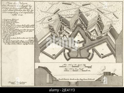 Carte et coupe de la forteresse Bergen op Zoom, 1747, anonyme, 1747, carte et coupe de la forteresse Bergen op Zoom, montrant les brèches tournées par les Français le jour de la capture, 16 septembre 1747., imprimeur: Anonyme, éditeur: Weduwe Christoph Weigel, (mentionné sur l'objet), imprimeur: Allemagne, éditeur: Neurenberg, 1747, papier, gravure, h 245 mm × l 342 mm Banque D'Images