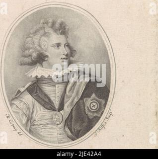 Portrait de George IV, roi d'Angleterre et Hanovre, Govert Kitsen, d'après Richard Cosway, 1782 - 1810, Portrait de George IV Augustus Frederick, roi d'Angleterre et Hanovre. Il porte un manteau et un médaillon sur lequel est un homme à cheval., imprimeur: Govert Kitsen, (mentionné sur l'objet), après: Richard Cosway, (mentionné sur l'objet), éditeur: Nicolaas Cornel, (Mentionné sur l'objet), Rotterdam, 1782 - 1810, papier, gravure, h 175 mm × l 136 mm Banque D'Images