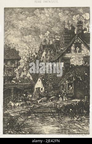 Vue sur le village avec une rivière, Rodolphe Bresdin, 1861, vue sur le village avec une rivière. Sur la rive droite, les maisons sont alignées le long de la rivière qui tourne sous un pont vers le village. Au premier plan se trouvent les pêcheurs avec des cannes à pêche dans les eaux peu profondes. Au-dessus de l'imprimé est le titre de la revue littéraire Revue Fantaisiste., imprimeur: Rodolphe Bresdin, (mentionné sur l'objet), Rodolphe Bresdin, imprimeur: Auguste Delâtre, (mentionné sur l'objet), Paris, 1861 Banque D'Images