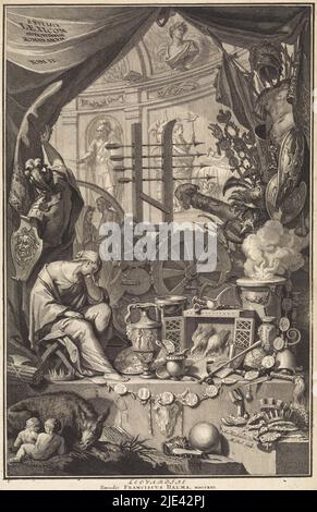 Page de titre allégorique avec diverses références à la ville de Rome, Matthijs Pool, après Arnold Houbraken, 1713, une figure féminine allégorique pleure au milieu de toutes sortes d'antiquités et d'armes romaines. À ses pieds se trouve une couronne et un faisceau de flèches. Au premier plan le loup avec Remus et Romulus. En arrière-plan une niche avec des statues et bustes d'empereurs romains et de seigneurs de terrain. Un soldat glisse de côté une drapery sur laquelle le titre est latin., imprimeur: Matthijs Pool, (mentionné sur l'objet), dessinateur intermédiaire: Arnold Houbraken, (mentionné sur l'objet), éditeur: François Halma, ( Banque D'Images