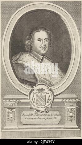 Portrait de Johan Ferdinand Beughem, Jan Baptist Jongelinx, 1710 - 1725, portrait en buste de l'évêque Johan Ferdinand Beughem, avec calotte. Le portrait est encadré dans un cadre ovale avec les armoiries du dépeint et une devise en latin. Sur le piémont, une légende à deux lignes en latin., imprimeur: Jan Baptist Jongelinx, Anvers, 1710 - 1725, papier, gravure, gravure, h 267 mm × l 166 mm Banque D'Images