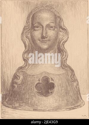 Buste reliquaire d'un des vierges de Saint Ursula, Hendrik Johannes Haverman, après anonyme, 1867 - 1913, les cheveux partés d'Ursula (ou l'un de ses compagnons) tombe en vagues le long du visage sur les épaules. Elle porte une robe ajustée. Dans la poitrine une ouverture à quatre passes., imprimeur: Hendrik Johannes Haverman, (signé par l'artiste), anonyme, Cologne, 1867 - 1913, papier, h 315 mm × l 240 mm Banque D'Images