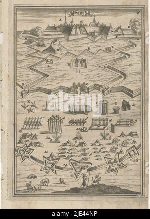 Illustration pour 'de Arbeid van Mars' par Allain Manesson Mallet, Romeyn de Hooghe, 1672, vue du siège d'une ville ('Condet' = Condé?). Dans le coin supérieur droit le nombre 8 (= le numéro de la page dans le livre sur lequel l'illustration est placée)., imprimeur: Romeyn de Hooghe, Romeyn de Hooghe, Amsterdam, 1672, papier, gravure, h 185 mm × l 110 mm Banque D'Images