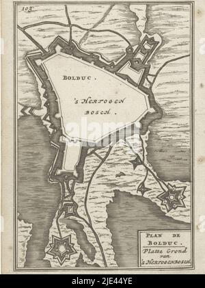 Illustration pour 'de Arbeid van Mars' par Allain Manesson Mallet, Romeyn de Hooghe, 1672, plan de terrain d'une forteresse (Den Bosch). Dans le coin supérieur gauche, le numéro 103 (= le numéro de la page dans le livre sur lequel l'illustration est placée)., imprimeur: Romeyn de Hooghe, Romeyn de Hooghe, Amsterdam, 1672, papier, gravure, gravure, h 185 mm × l 110 mm Banque D'Images