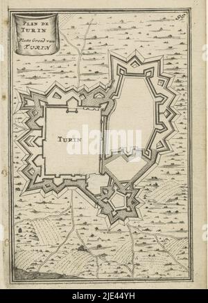 Illustration pour 'de Arbeid van Mars' par Allain Manesson Mallet, Romeyn de Hooghe, 1672, plan de terrain d'une forteresse (Turin). Dans le coin supérieur droit le nombre 96 (= le numéro de la page dans le livre sur lequel l'illustration est placée)., imprimeur: Romeyn de Hooghe, Romeyn de Hooghe, Amsterdam, 1672, papier, gravure, gravure, h 185 mm × l 110 mm Banque D'Images