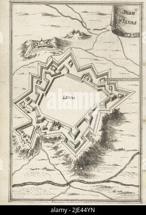 Illustration pour 'de Arbeid van Mars' par Allain Manesson Mallet, Romeyn de Hooghe, 1672, plan de terrain d'une forteresse (Elvas). Dans le coin supérieur gauche, le numéro 111 (= le numéro de la page dans le livre sur lequel l'illustration est placée)., imprimeur: Romeyn de Hooghe, Romeyn de Hooghe, Amsterdam, 1672, papier, gravure, gravure, h 185 mm × l 110 mm Banque D'Images