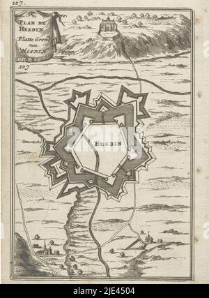 Illustration pour 'de Arbeid van Mars' par Allain Manesson Mallet, Romeyn de Hooghe, 1672, plan de terrain d'une forteresse (Hesdin). Dans le coin supérieur gauche deux fois le nombre 107 (= le nombre de la page dans le livre sur lequel l'illustration est placée)., imprimeur: Romeyn de Hooghe, Romeyn de Hooghe, Amsterdam, 1672, papier, gravure, h 186 mm × l 109 mm Banque D'Images