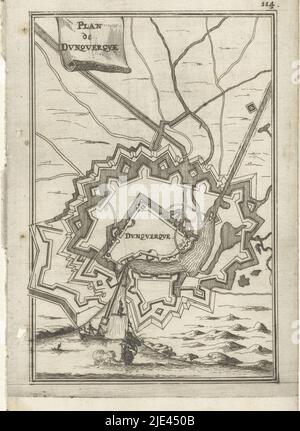 Illustration pour 'de Arbeid van Mars' par Allain Manesson Mallet, Romeyn de Hooghe, 1672, plan de terre d'une forteresse au bord de la mer (Dunkirk). Dans le coin supérieur droit le nombre 114 (= le numéro de la page dans le livre sur lequel l'illustration est placée)., imprimeur: Romeyn de Hooghe, Romeyn de Hooghe, Amsterdam, 1672, papier, gravure, gravure, h 185 mm × l 112 mm Banque D'Images