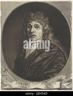 Portrait d'Adriaen van Ostade, Jacob Gole, d'après Cornelis Dusart, 1685, le peintre Adriaen van Ostade. Il porte un collier de dentelle. Sous les attributs du portrait peintre., imprimeur: Jacob Gole, Cornelis Dusart, Amsterdam, 1685, papier, brosse, h 198 mm × l 159 mm Banque D'Images