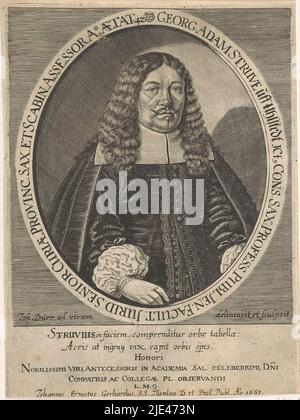 Portrait de Georg Adam Struve à l'âge de 42 ans, Johann Dürr, 1663 ans, avec poème de louange en latin., imprimeur: Johann Dürr, (mentionné sur l'objet), dessinateur intermédiaire: Johann Dürr, (mentionné sur l'objet), Johann Ernst Gerhard, (mentionné sur l'objet), imprimeur: Allemagne, Dessinateur intermédiaire: Allemagne, Jena, 1663, papier, gravure, h 179 mm - l 133 mm Banque D'Images