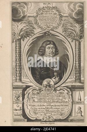 Portrait de Benoît Carpzov, Johann Dürr, d'après Margareta Rastrum, 1653, avec poème de louange en latin., imprimerie: Johann Dürr, (mentionné sur l'objet), d'après: Margareta Rastrum, (mentionné sur l'objet), Johann Frentzel, (Mentionné sur l'objet), imprimerie: Allemagne, après: Pegau, Allemagne, Saksen, 1653, papier, gravure, h 284 mm × l 172 mm Banque D'Images