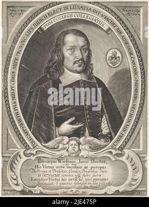 Portrait de Polycarp Wirth, Johann Dürr, 1655, Portrait en cadre ornementé avec légende en latin., imprimerie: Johann Dürr, (mentionné sur l'objet), Johann Frentzel, (mentionné sur l'objet), Allemagne, 1655, papier, gravure, h 183 mm - l 139 mm Banque D'Images