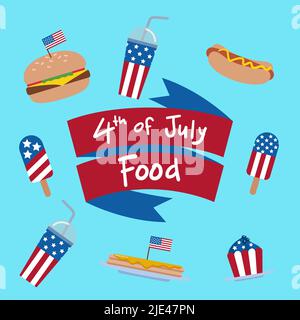 collection de nourriture avec le thème de la célébration du 4th juillet comme hot dog, hamburger, cupcakes, crêpes, crème glacée et soda Illustration de Vecteur
